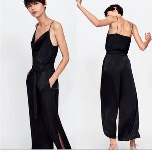 Zara Black Satin Wide Leg Jumpsuit Size L
